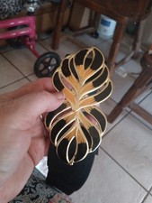 VTG 1980s Stretch Belt Black Metal Leaf Floral Enamel Buckle Closure Rockabilly