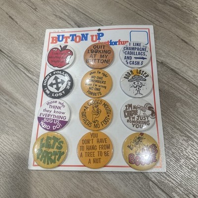 NOS VINTAGE LOT BUTTON UP JUST FOR FUN 12 PINBACKS BUTTONS 1980s Brand New