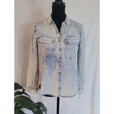Forever 21 Acid Wash Button Up Shirt Small Blue Studded Pockets Long Sleeve