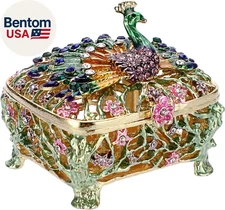 Mini Peacock Trinket Box, Vintage Metal Enameled Decorative Box Ring Earrings Je