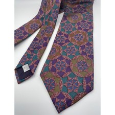 Claiborne Mens Silk Geometric Pattern Necktie Purple Teal Brown Made in USA