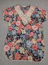 Vintage Val Mode Nightgown Womens Large Blue Floral Lace Trim Short Sleeve 90s