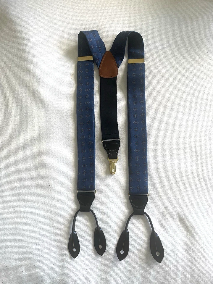 Tirantes de seda CAS Alemania azul diseño clásico cuero negro botón y clip Foto 2 de 4