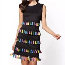 New York & Company Black Sleeveless Multi Color Tassel Shift Dress