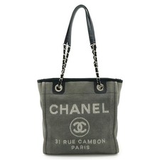 Chanel Deauville Tote Bag Canvas Leather Women Grey One Size