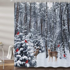 Winter Snow Shower Curtain for Bathroom, Pine Forest Deer Cardinal Christmas ...