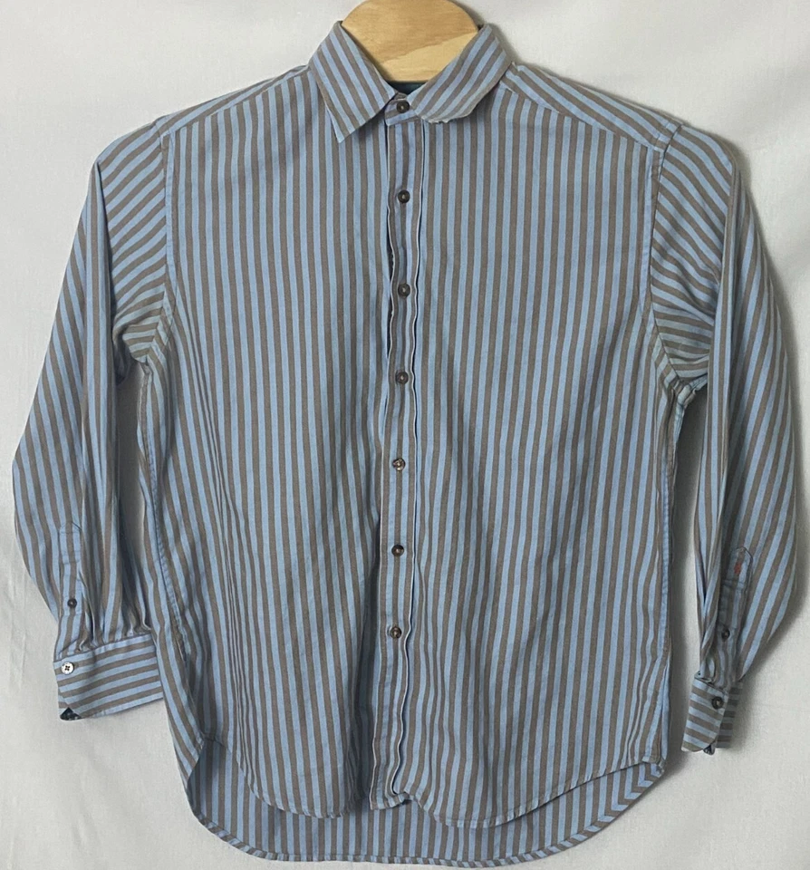 Robert Graham Mens Shirt L Blue Brown Stripes Flip Cuffs & Collar Long Sleeve - Image 3 of 4