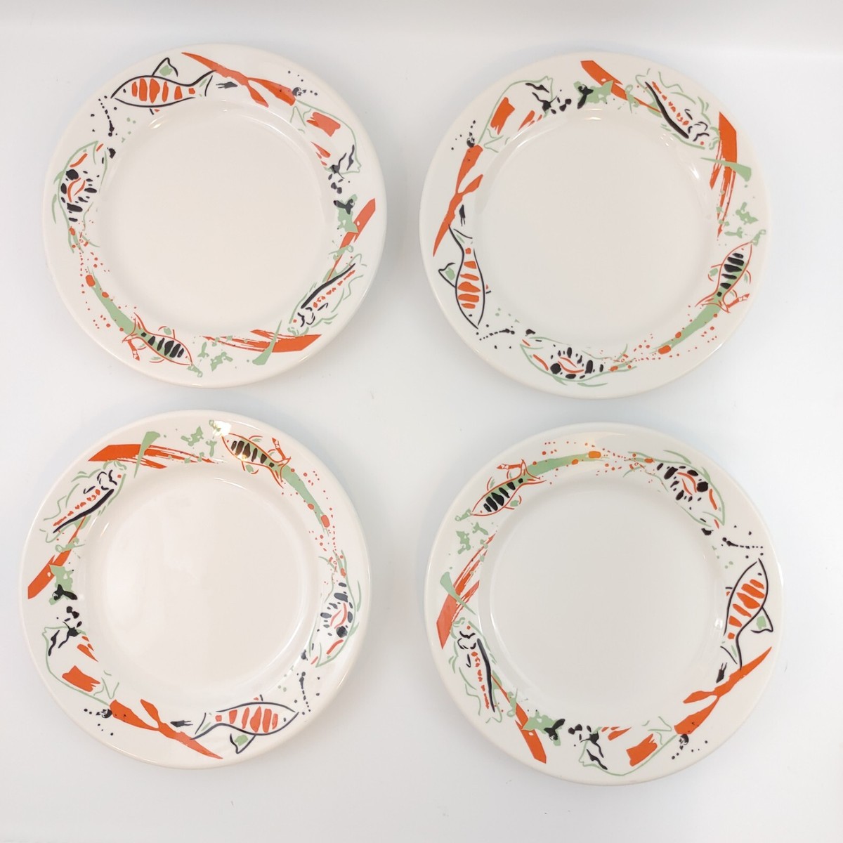 Vtg SYRACUSE Restaurant Ware SY674 (4) Dinner Plates Fish Orange Green Blk  HTF