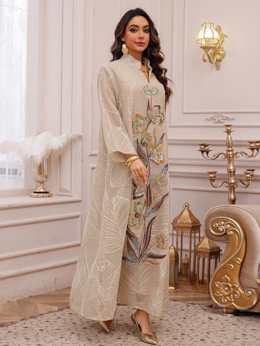 Abito lungo donna musulmano ricamo Abaya Dubai caftano modesto abito islamico ballo - Foto 11 di 27