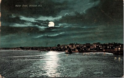 #ad Night Scene Water Front Windsor NS Houses Shoreline Boat Full Moon Postcard UNP $4.49