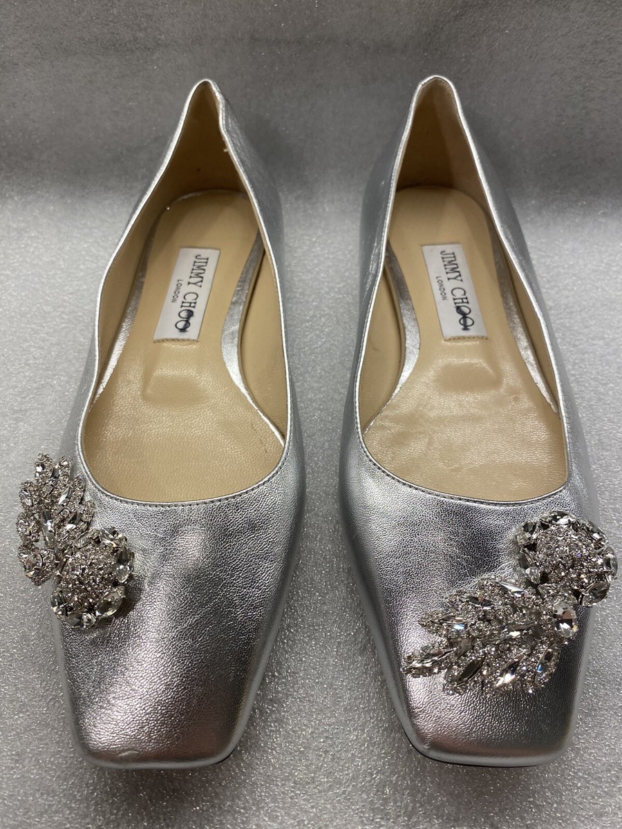 Jimmy Choo Mirele Flats Silver Napa Leather w/ Crystal Wings Women