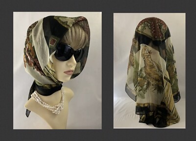 Krawattenhalter Vintage 90er 35  großer Leopard Blumen Schal oliv beige gold Polyester