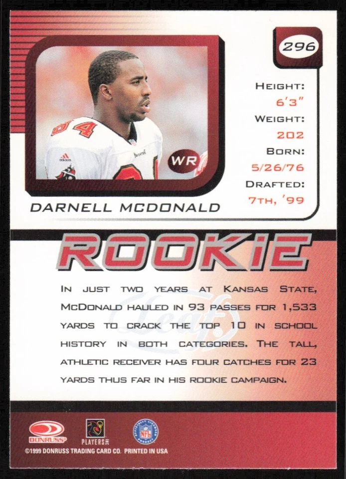 1999 Leaf Rookies & Stars Darnell McDonald Rookie Tampa Bay Buccaneers #296 - Image 2 of 2