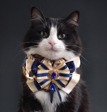 Accessoire collier nœud chat bleu royal et ivoire fait main avec strass bleu