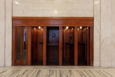 Phone booths. Thurgood Marshall U.S. Courthouse in the financial district of