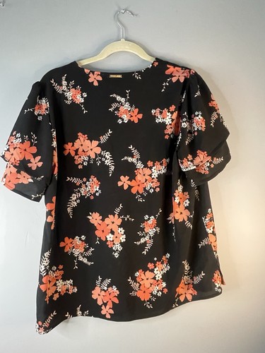 Michael Kors Women’s Large Blouse Shirt Top Black Floral Flutter Sleeve Vneck - Picture 6 of 9
