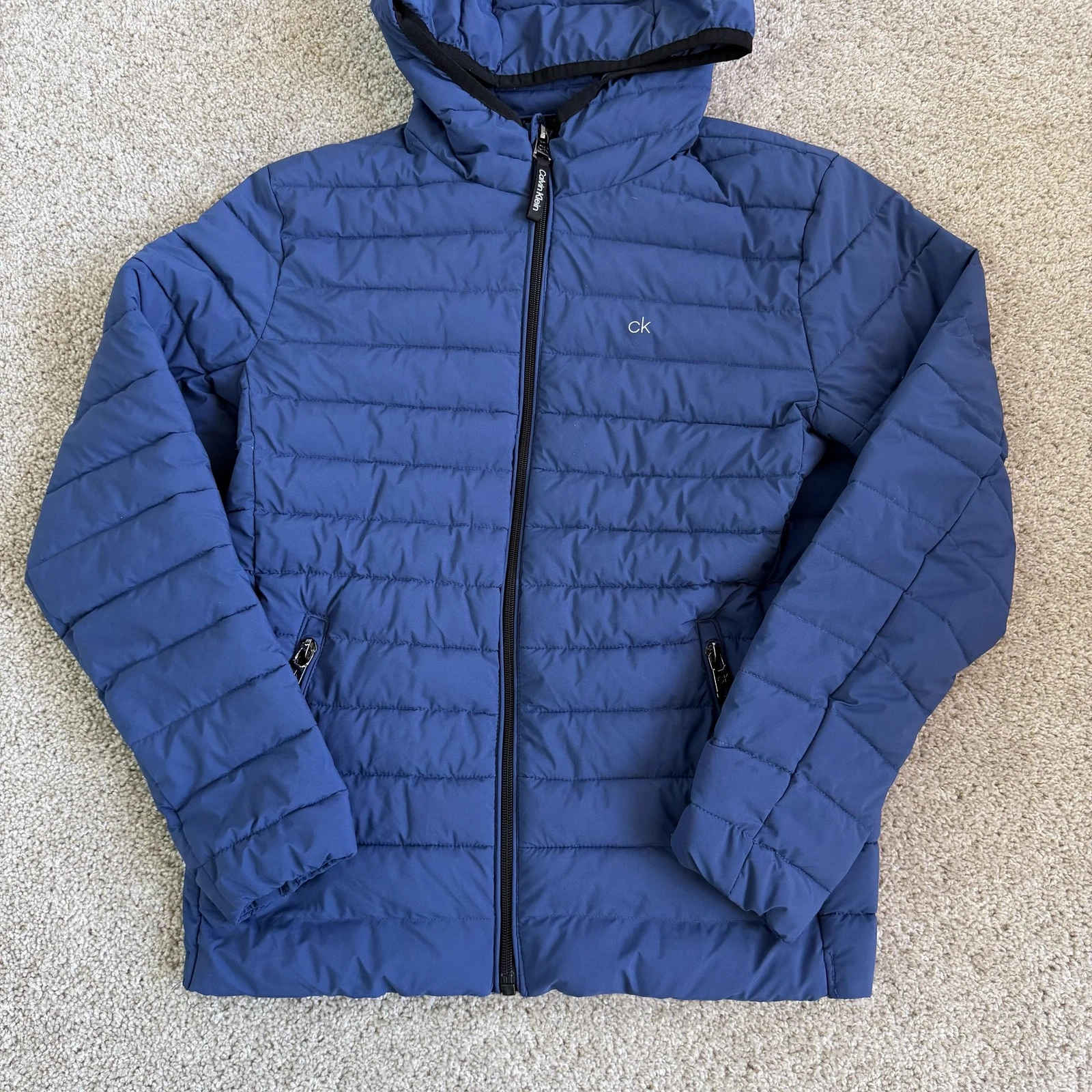 Calvin Klein Jacket Womens Small Blue Puffer Hooded Packable Water Resistant