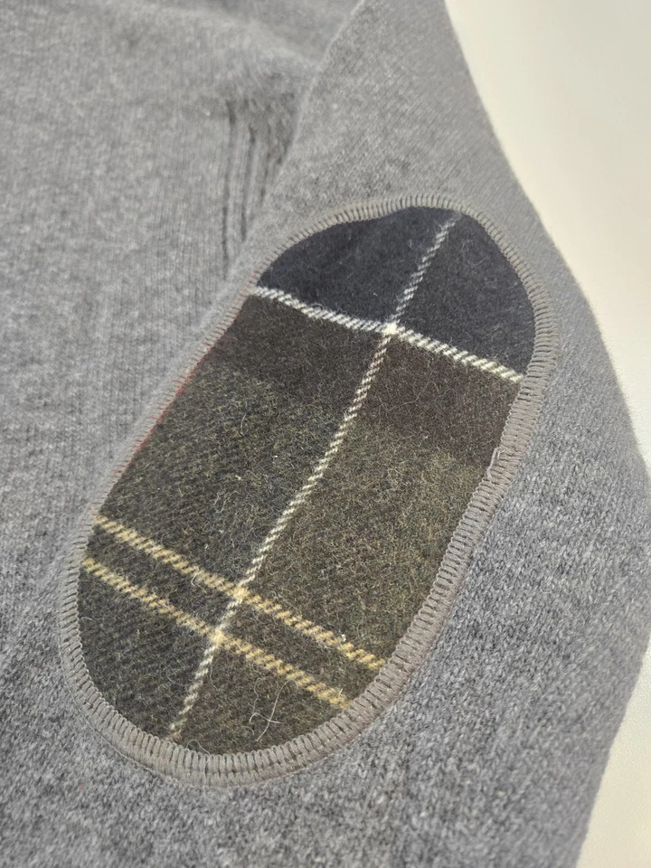 Barbour Sweater Mens Small Gray Quarter Zip Wool Tartan Elbow Patches Pullover - Image 3 of 4