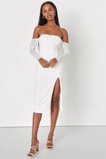 Lulus Women’s Charming Elegance White Mesh Pearl Off-The-Shoulder Midi Dress M