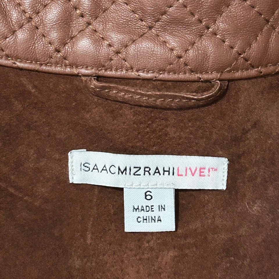 Chaqueta de moto Isaac Mizrahi Live marrón gamuza acolchada ribete de cuero para mujer talla 6 Foto 3 de 4