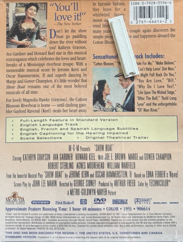 Show Boat (Keel, Grayson, Gardner, 1951). DVD, new