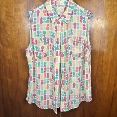 TALBOTS Sleeveless Colorful Top Pineapple Print Button Up Shirt PETITE LARGE
