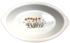 Vtg. 1970's  Au Gratin Serving Dish 9" Oval with Handles White w/Orange Flowers