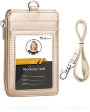 Badge Holder with Side Zip Pocket Multiple Card Slots Leather ID Holder Walle...