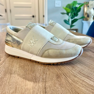 Michael Kors | MK Logo Gold Cream Elastic Mesh Trainer | Women s Size 7.5 