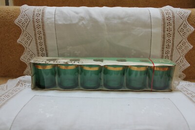 7314y Vintage 60er Jahre 6er Set Luminarc grün & vergoldete Gläser verpackt 6,5 cm 