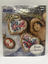 BUCILLA RIBBON EMBROIDERY FLORAL MAGIC SET OF 2 HEART PINS KIT #40999 New