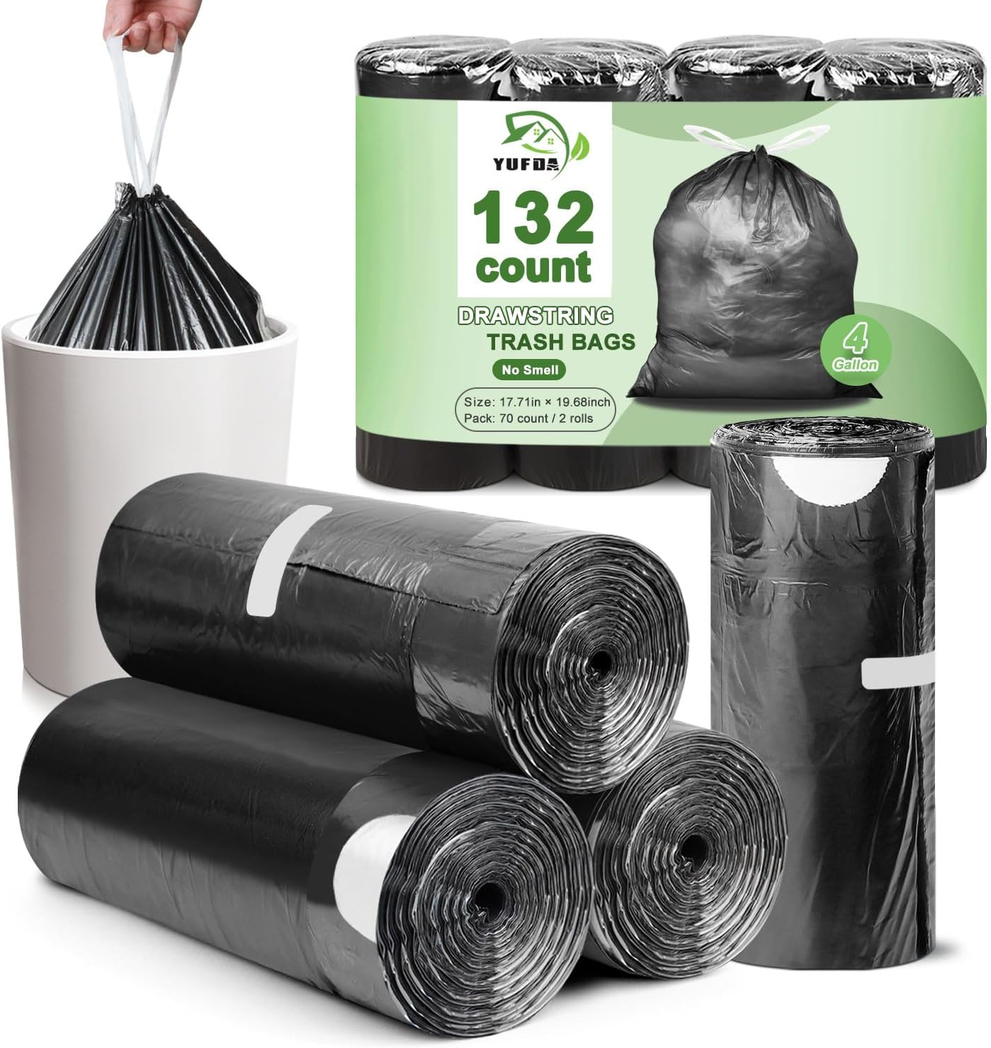 132 Small 4-Gallon Drawstring Trash Bags for Bathroom or Office Use, Black