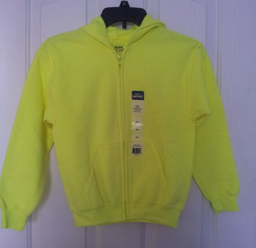 Gildan Kids Neon Safety Green Zip Front Fleece Hoodie Sweatshirt M-L-XL Pockets - Picture 11 of 17
