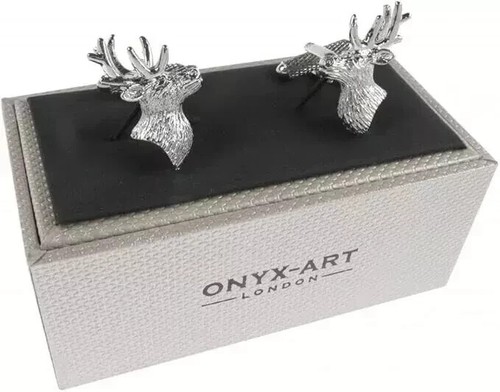 Silver Stag Head Cufflinks for Men CK622 Onyx Art Cuff Links - Picture 5 of 7