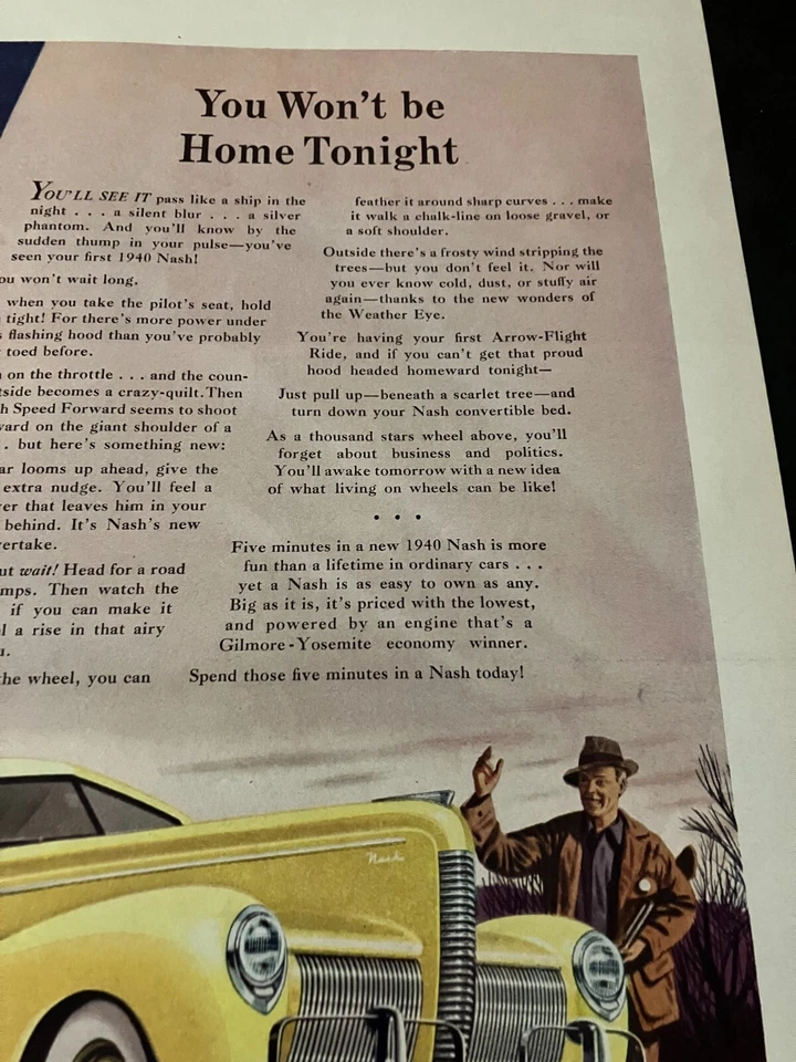 Nash 1940 amarillo sedán de 4 puertas - anuncio impreso en color ilustrado vintage/arte de pared Foto 3 de 4
