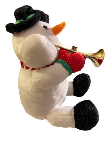 Christmas Plush Light Up Snowman Doll Plays Trumpet, "Here Comes Santa Clause" - Picture 3 of 16