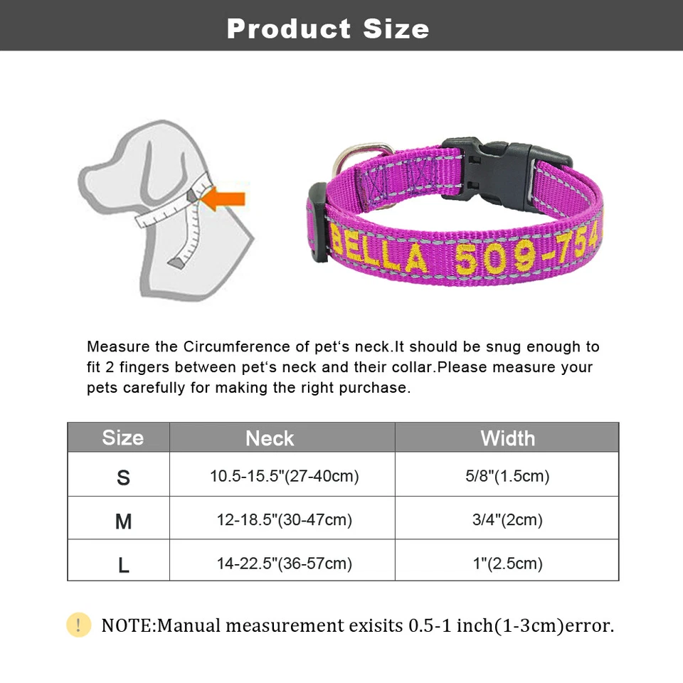 Nylon Embroidered Personalised Dog Collar Reflective Custom Name Number D-Ring - Image 2 of 4