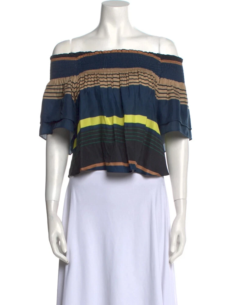 Apiece Apart Blue Striped Off Shoulder Smocked Top Blouse Size 2