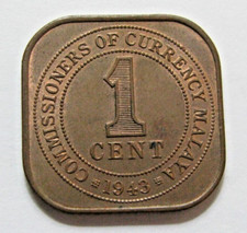 1943 MALAYA COMMISSIONERS of CURRENCY KING GEORGE VI 1c ONE CENT COIN A/UNC+