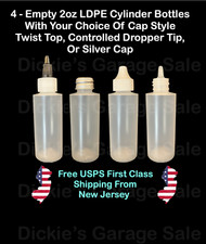 4 EMPTY 2oz LDPE LIQUID DISPENSING BOTTLES, DROPPER TIP, TWIST TOP, SILVER CAP
