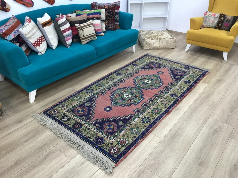 Alfombra nómada, alfombra de lana, alfombra vintage, alfombra de sala de estar, Oushak hecho a mano, 3,6 x 7,4 pies Foto 3 de 4