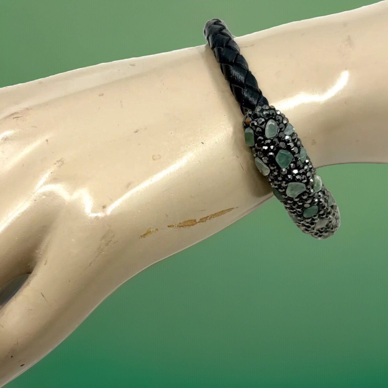 Statement Leather Open Cuff  Bracelet Embellished… - image 2