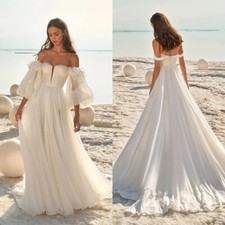 Boho A-Line Wedding Dresses Off Shoulder Puffy Sleeves Sweep Train Bridal Gowns