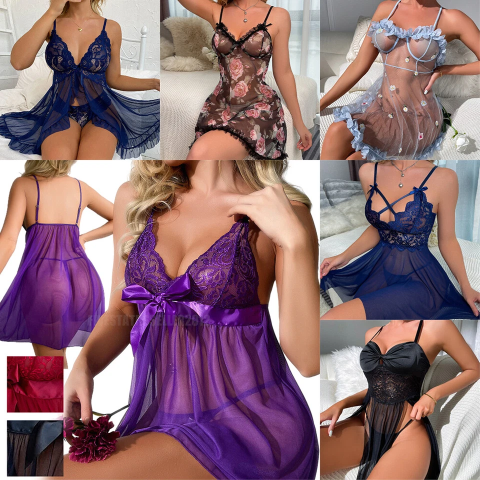 Women's Sexy-Lingerie Babydoll G-string Sleepwear Underwear Lace Dress Nightwear - Image 2 of 4