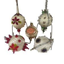 Vintage Satin and Beaded Handmade Ornaments Set of 5