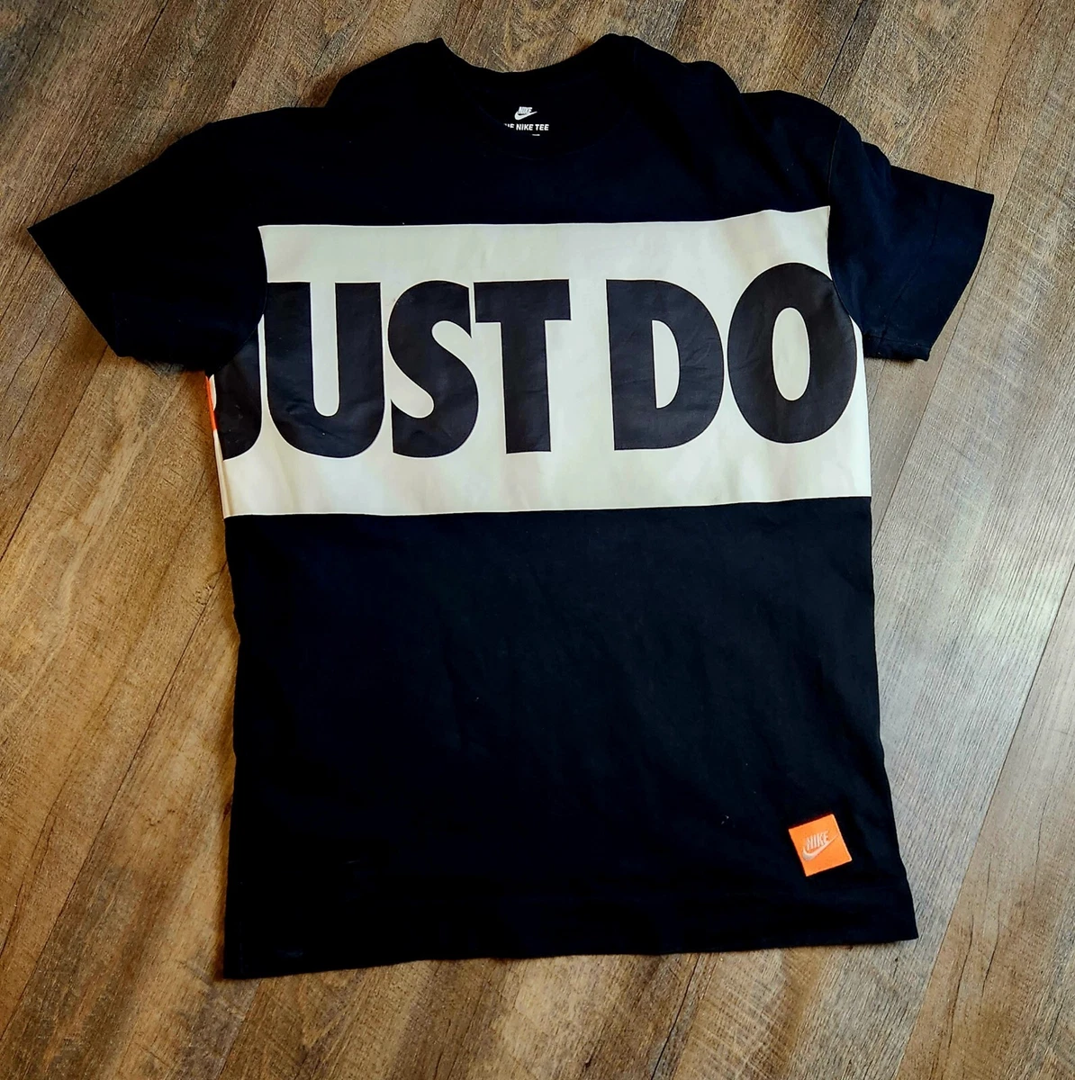 NIKE JUST DO IT Double Sided Graphic TShirt Black White Orange Mens Size XL