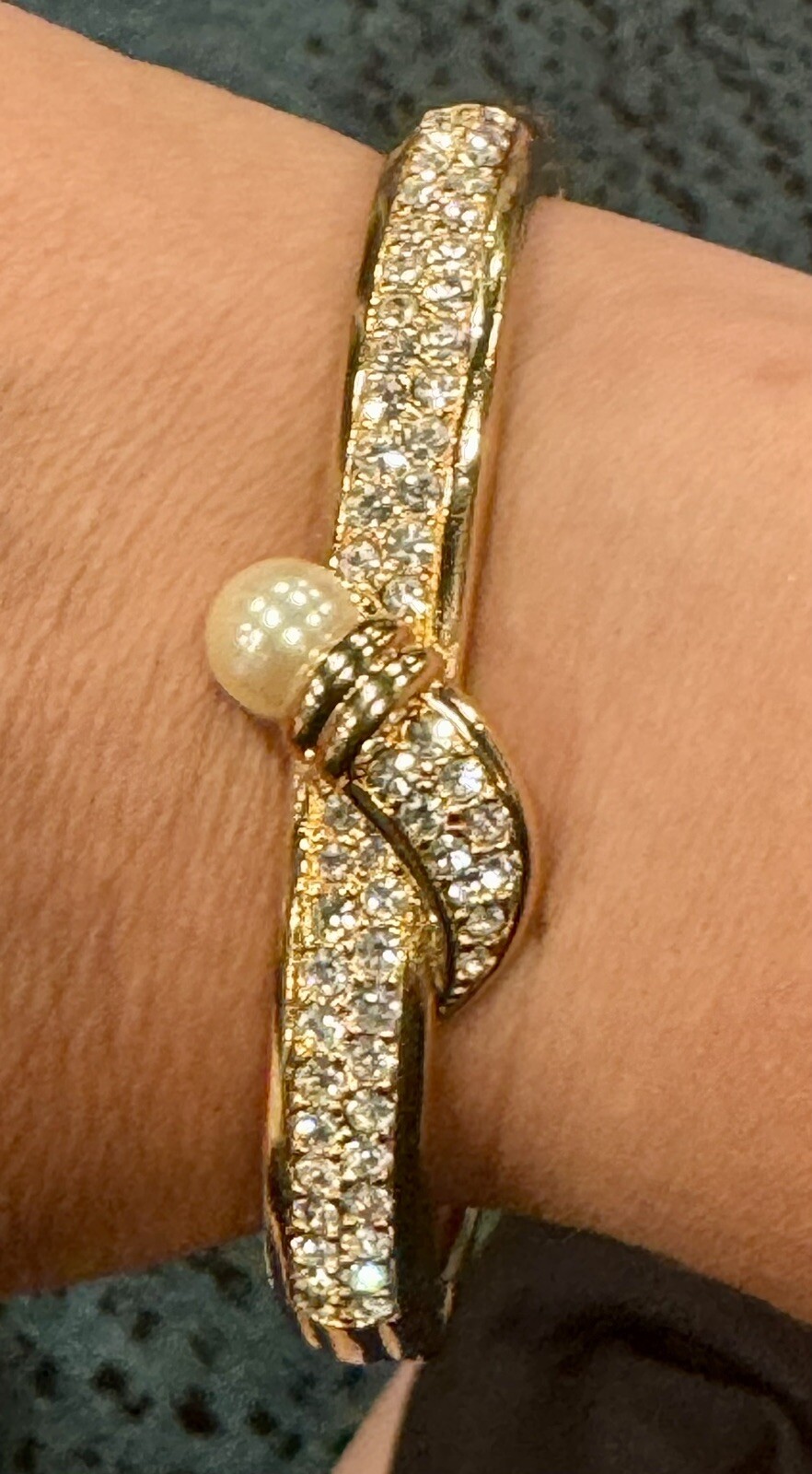 Swarovski Rhinestone Gold Tone Bangle Bracelet with Faux Pearls-image