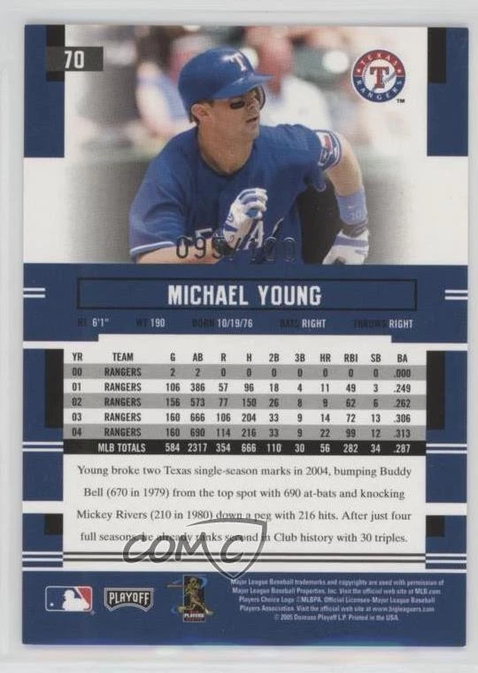 2005 Playoff Prestige Xtra Bases Purple /100 Michael Young #70 - Image 2 of 2