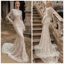 Exquisite Mermaid Decal High Neck Wedding Dress Long Sleeved Lace Bridal Gown