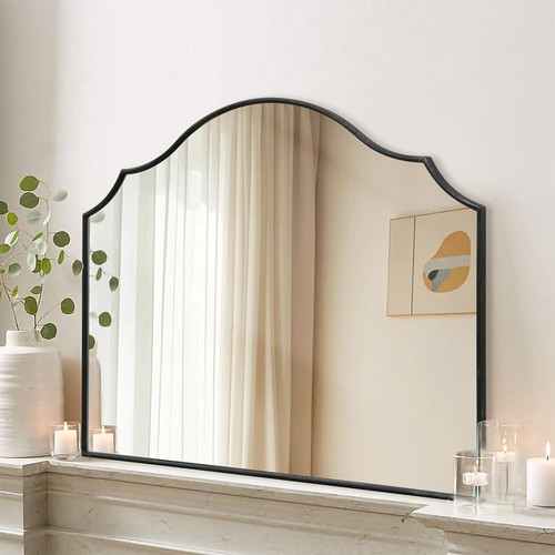 Scalloped Arched Mirror for Mantel: 35"X26" Black Modern Wooden Wall Mirror - Mi